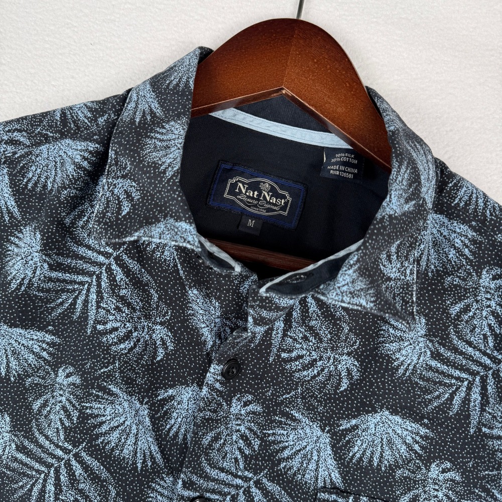 Nat Nast Mens M Silk Blend Palm Leaf Print Button Up Shirt Black Blue Vacation